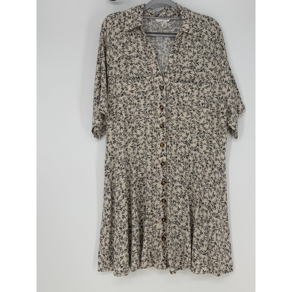 H&M Shirt Dress Womens Large Cream Black Floral Leaf Boho Casual Cottagecore
